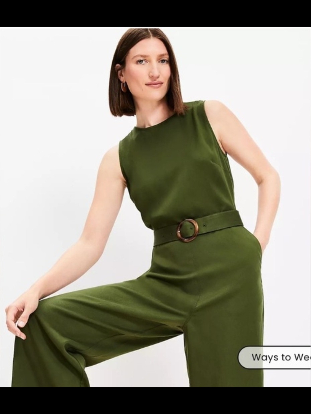 LOFT Olive Green Sleeveless Belted Wide-Leg Jumpsuit